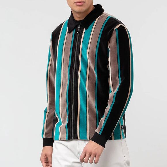 NWT Stussy Roland Stripe Long Sleeve Full Zip Shirt - Velour - Black Green - XXL - Picture 1 of 6